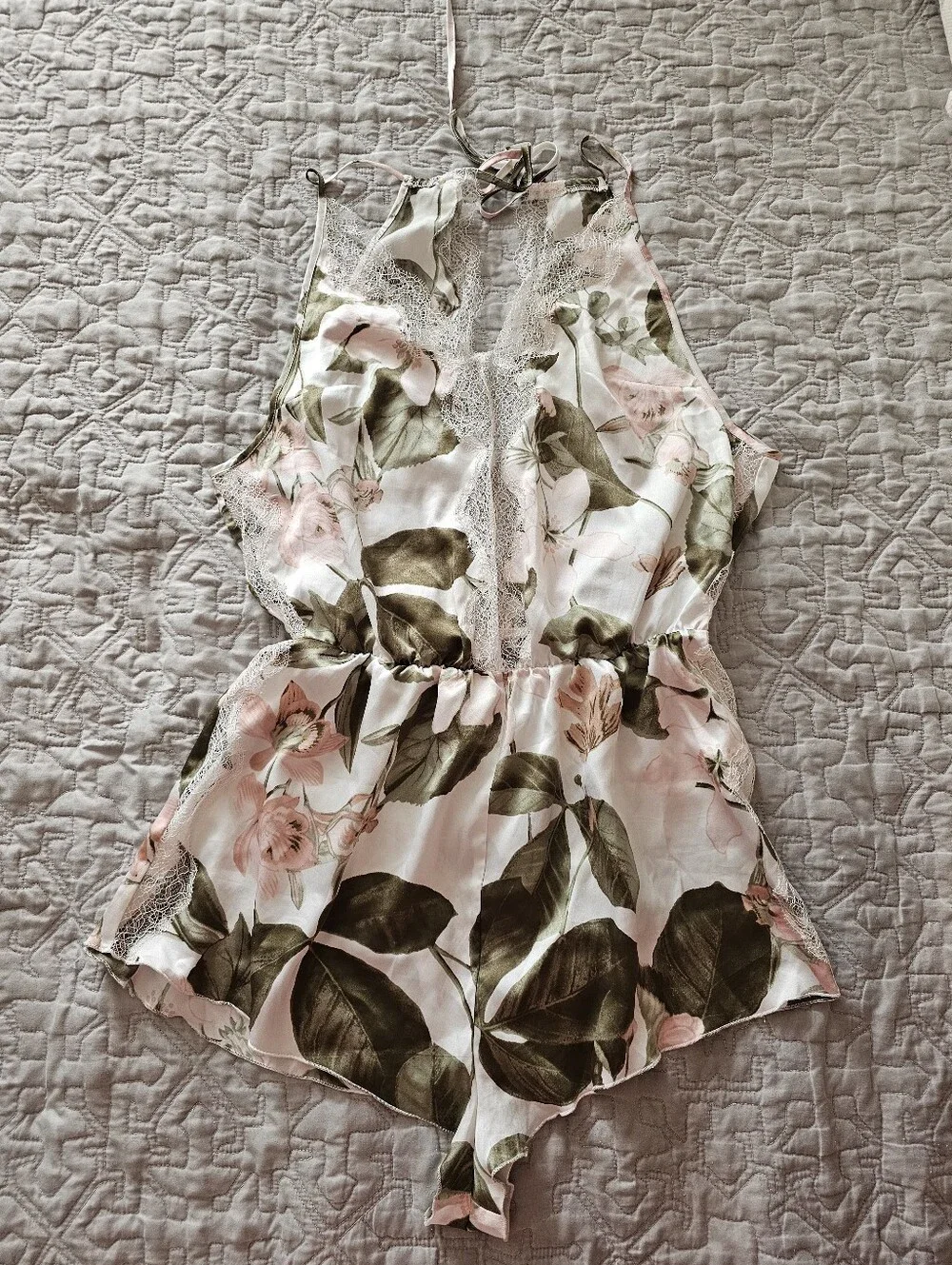 Victoria's Secret Floral Lace-Trim Halter Romper in Pink & Green